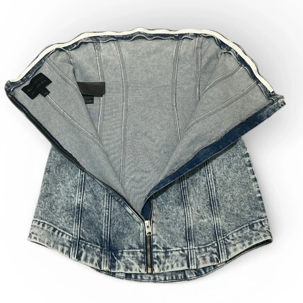 ALL SAINTS Denim Strapless Charli Corset Mini Dress in Mid Indigo Blue - Picture 10 of 11